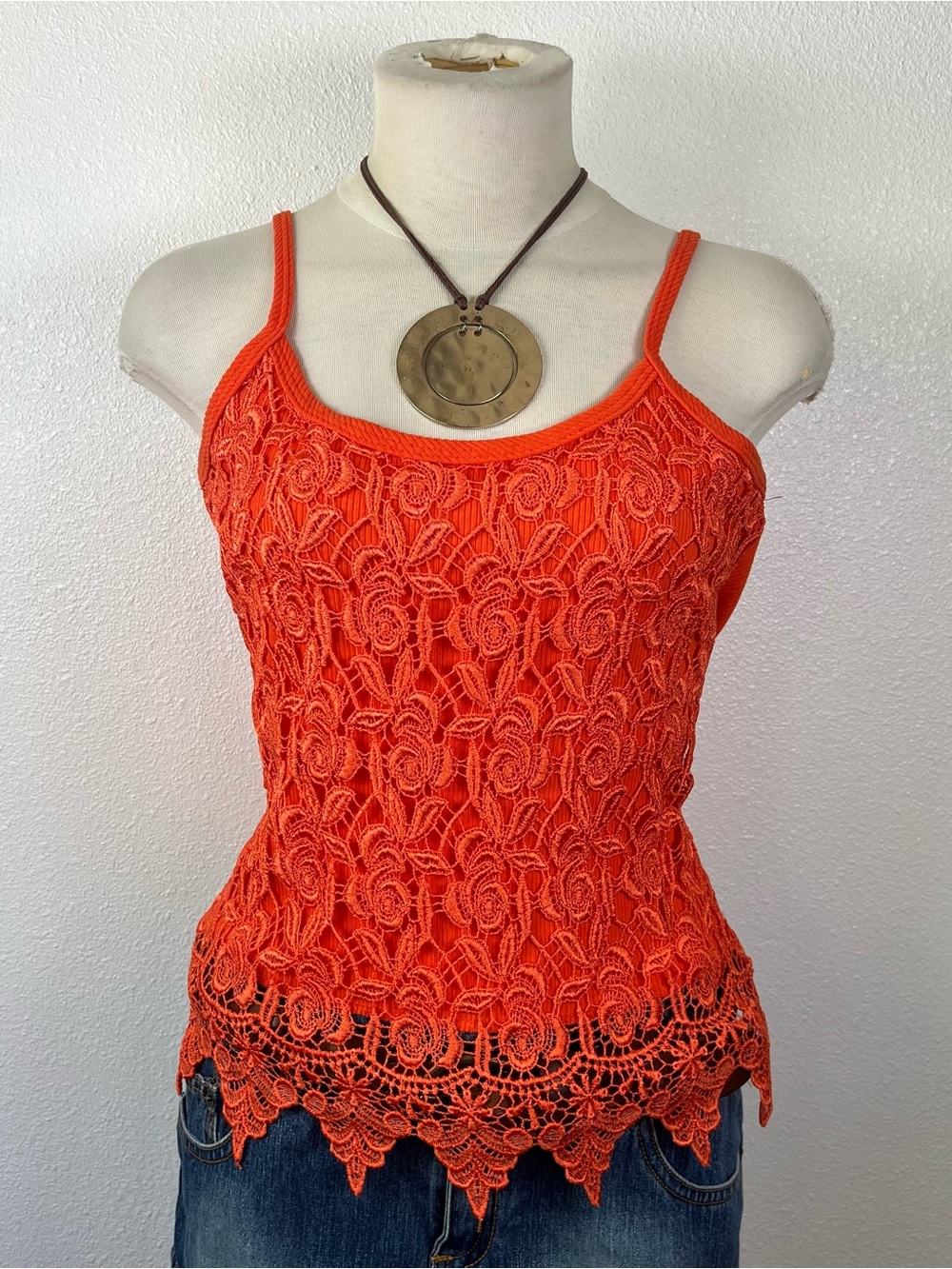 Women's Orange Crochet Lace Camisole Tank Top